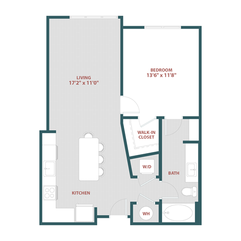 Floor plan for 1 bed, 1 bath, 768 sqft